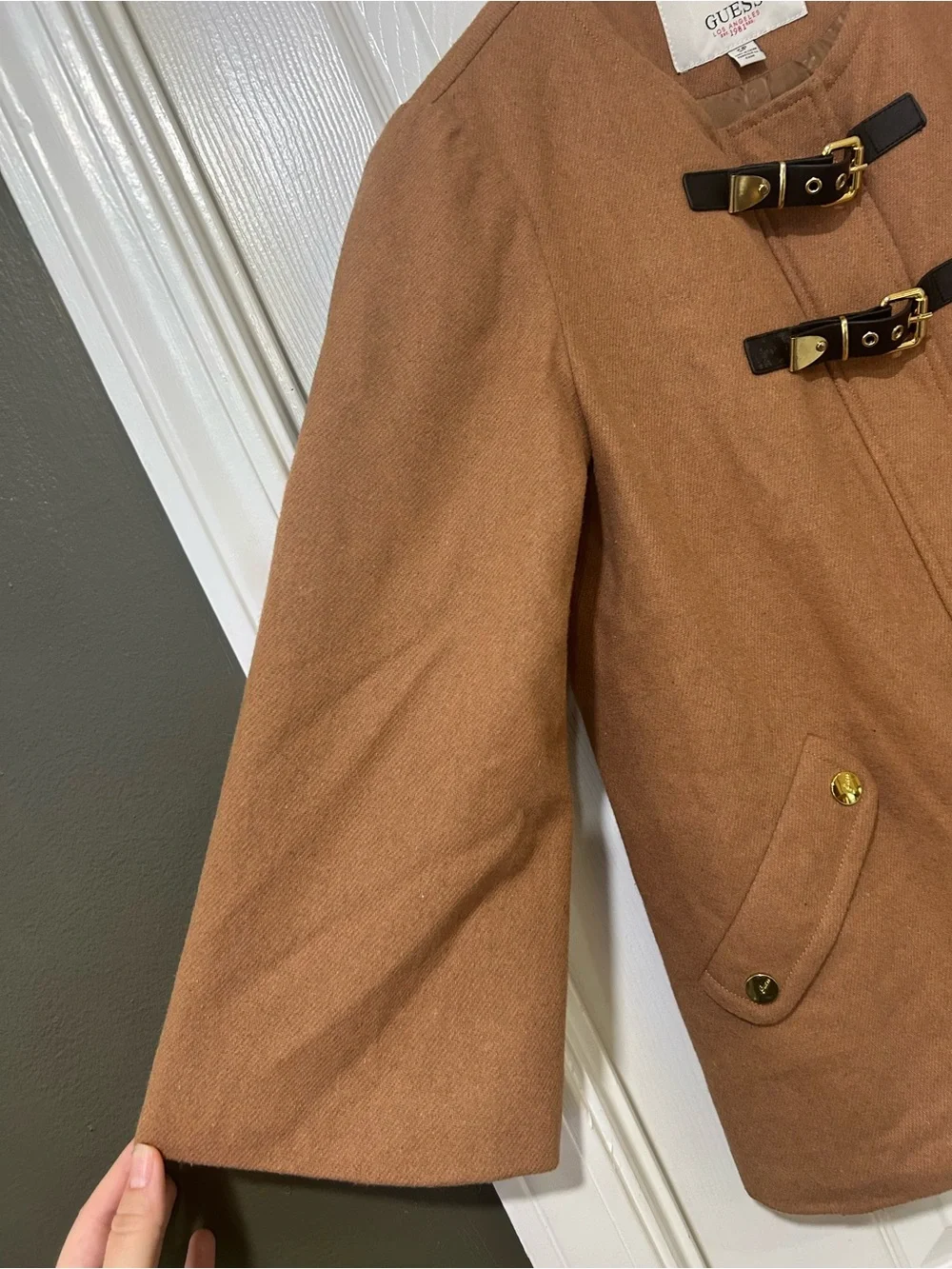 GUESS Camel Buckle Toggle Coat Jacket Small Wool Blend Preppy Quiet Luxury Chic
